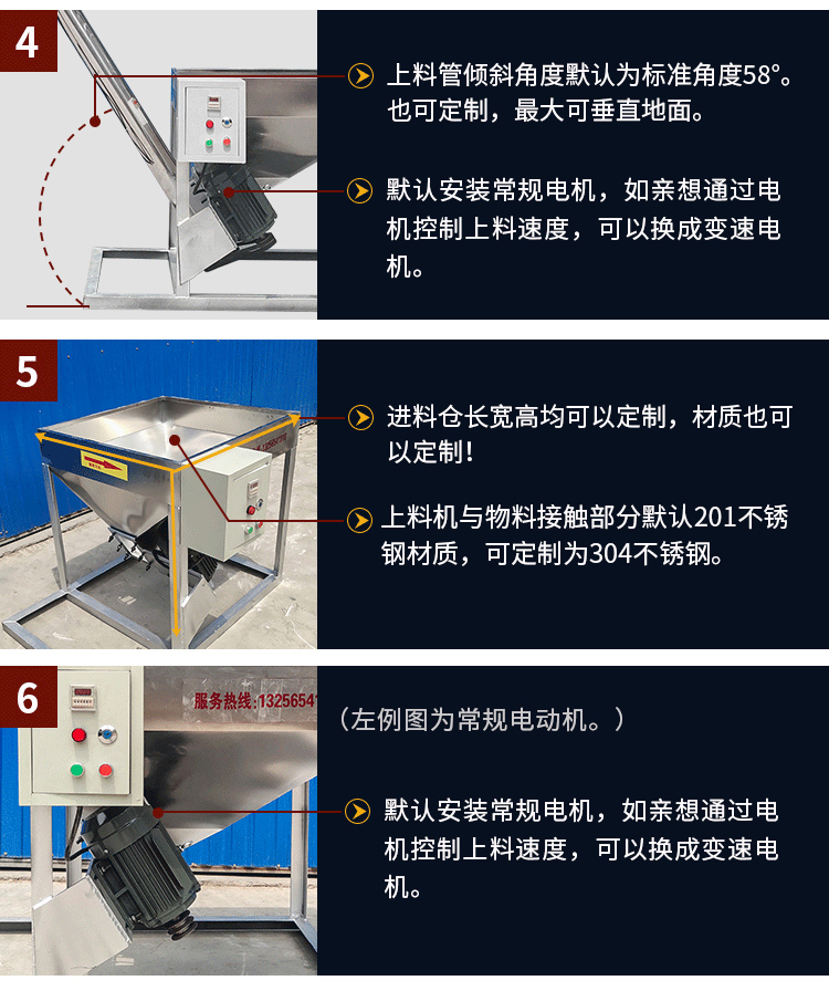 不銹鋼螺旋輸送采用304/316L不銹鋼材質，使用變電機，可滿足客戶的多樣化需求